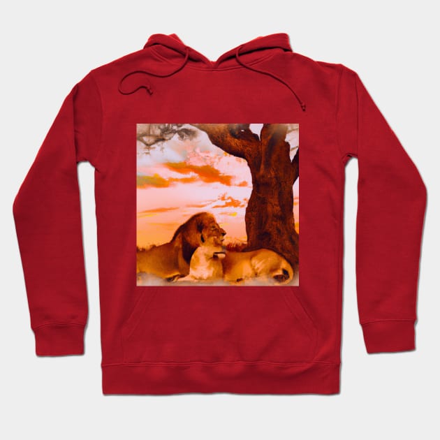 Pareja de leones tumbados bajo un árbol. Hoodie by Cotton Candy Art